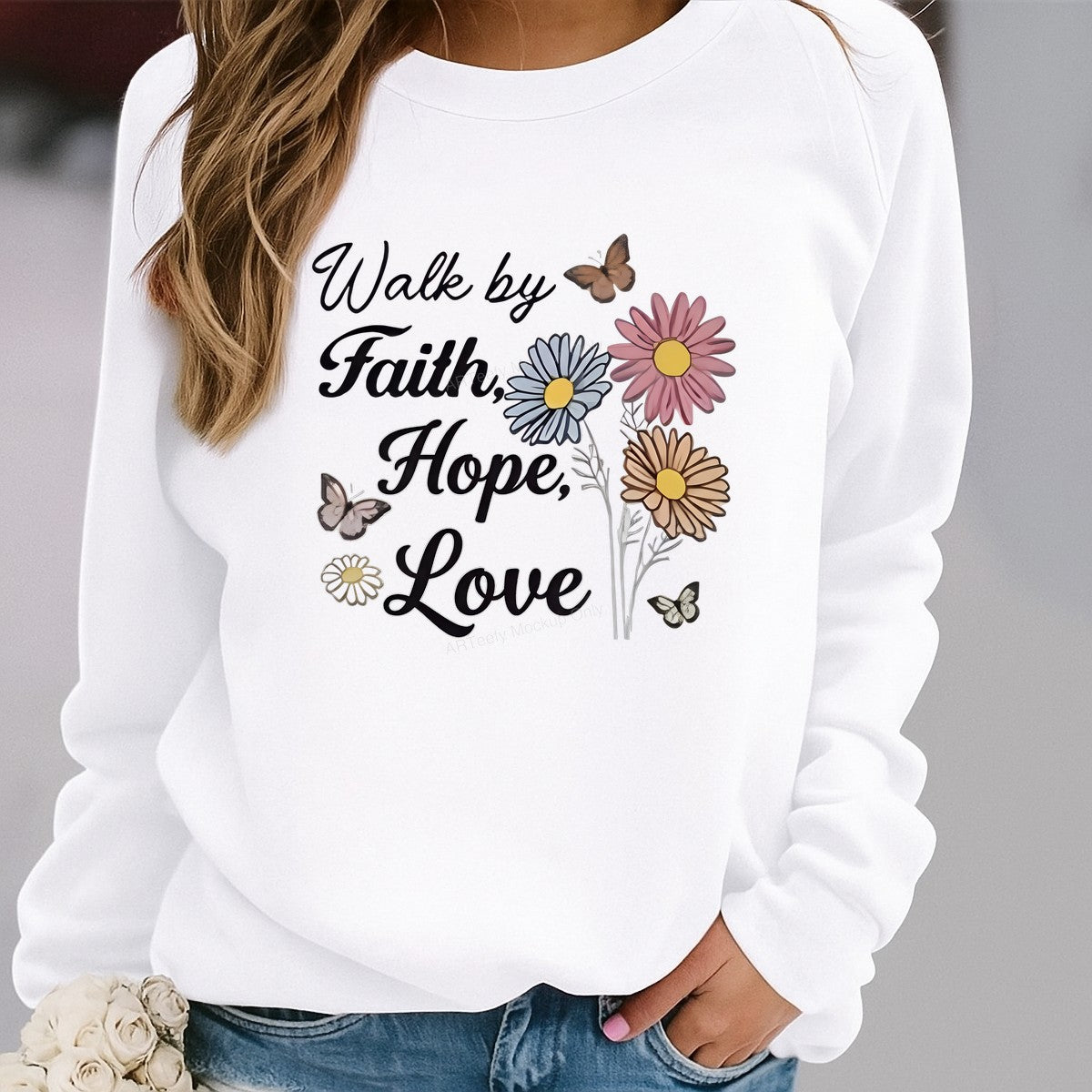 DTF Heat Transfer Iron On Sticker Iron On Heat Transfers Walk by Faith Hope Love Floral Butterflies Design for T Shirts Hoodies Local Warehouse - 2