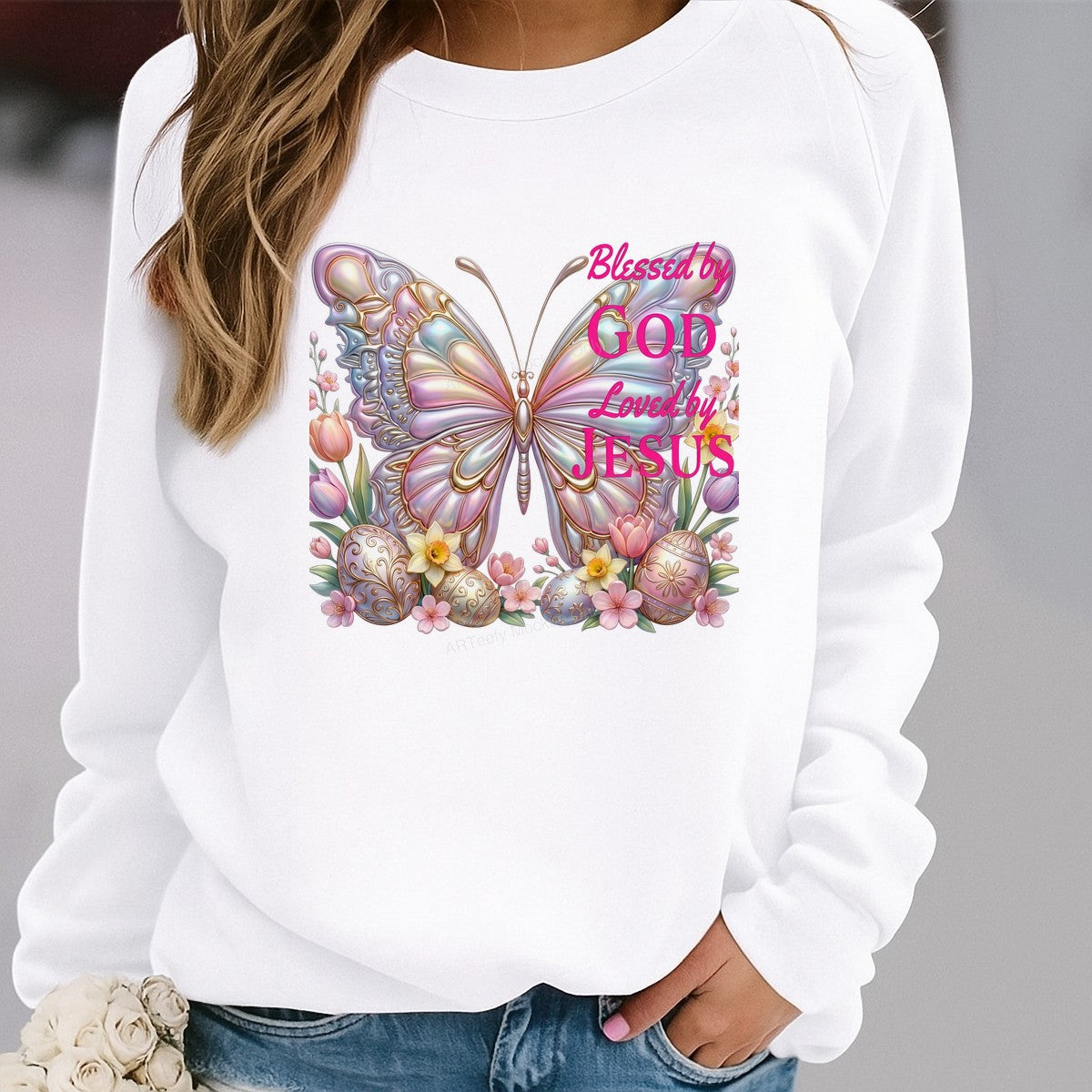 DTF Heat Transfer Iron On Sticker Iron On Heat Transfers Pastel Butterfly Floral Blessed by God Loved by Jesus Easter T Shirts Hoodies Clearance - 2