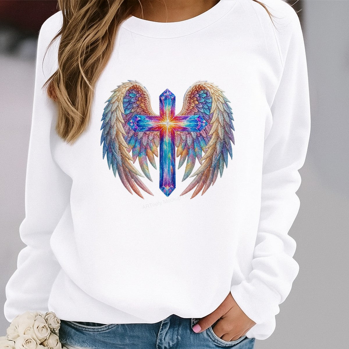 DTF Heat Transfer Iron On Sticker Iron On Heat Transfers Colorful Cross with Angel Wings Design for Spiritual Apparel Christmas Gifts Clearance - 2