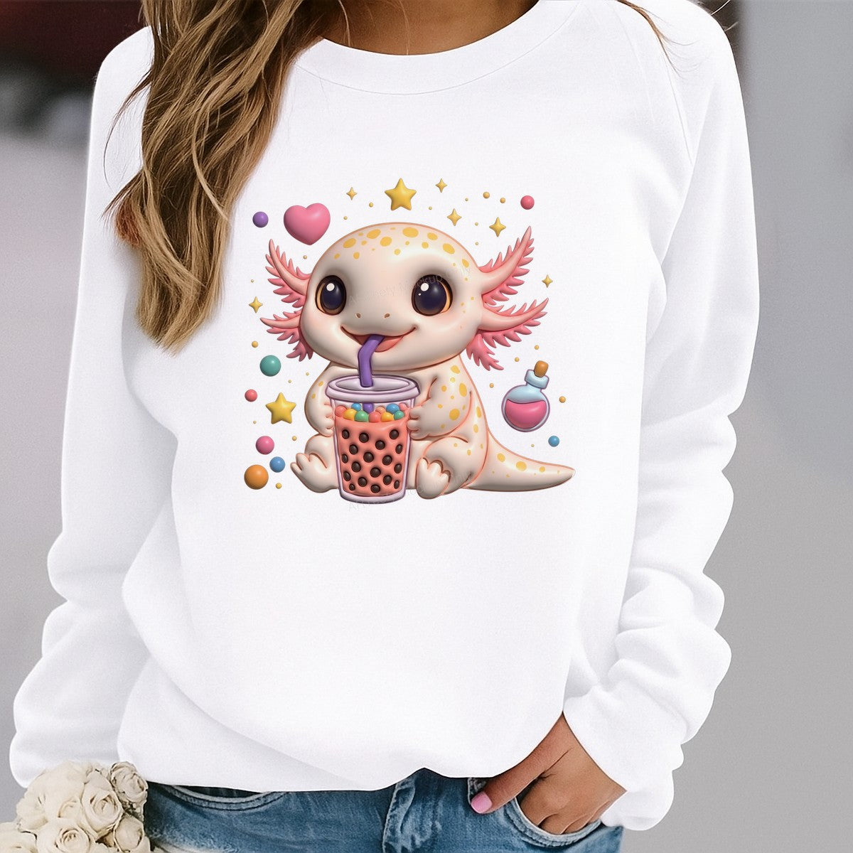 DTF Heat Transfer Iron On Sticker Iron On Transfers for T Shirts Cute Axolotl Bubble Tea Design for Apparel Home Decor Clearance - 2