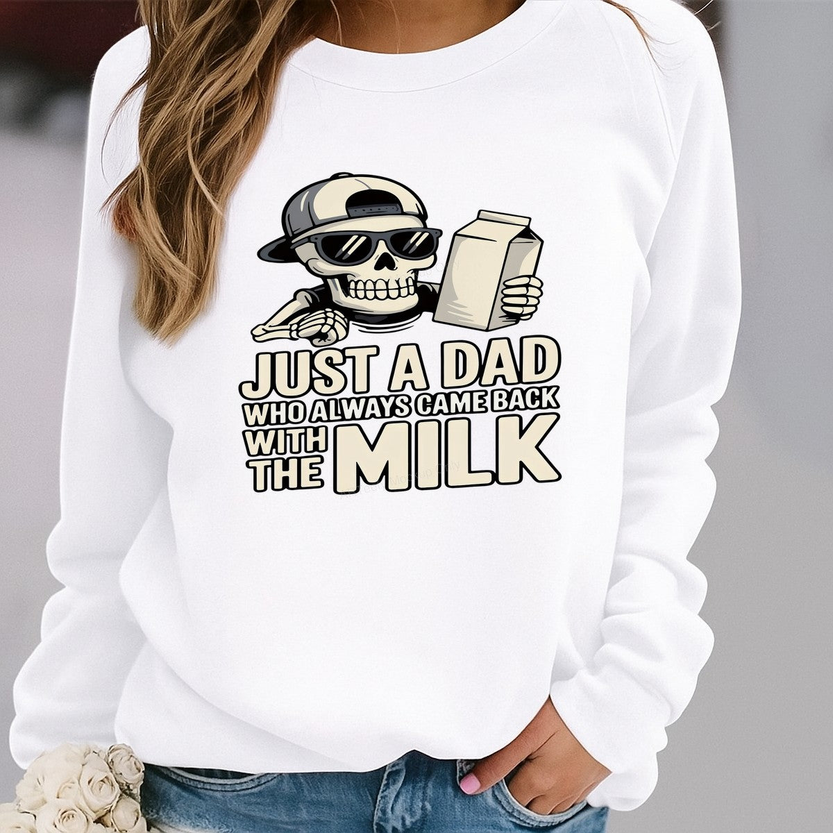 Iron On Transfer Just a Dad Came Back with Milk Skeleton Graphic for T Shirts and Hoodies - 2