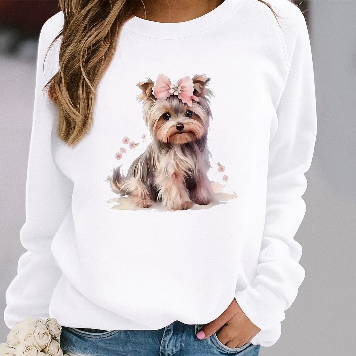 Iron On Transfer Cute Yorkshire Terrier with Floral Bow Design for T Shirts and Tote Bags - 2