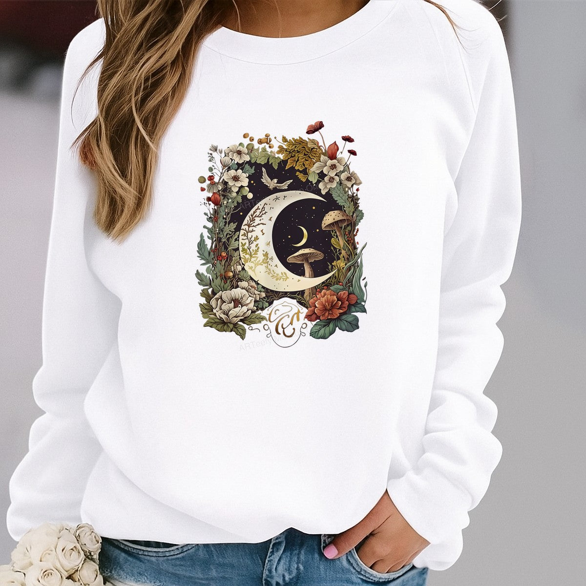 Iron On Transfer Botanical Moon and Stars Floral Design for T Shirts and Tote Bags - 2