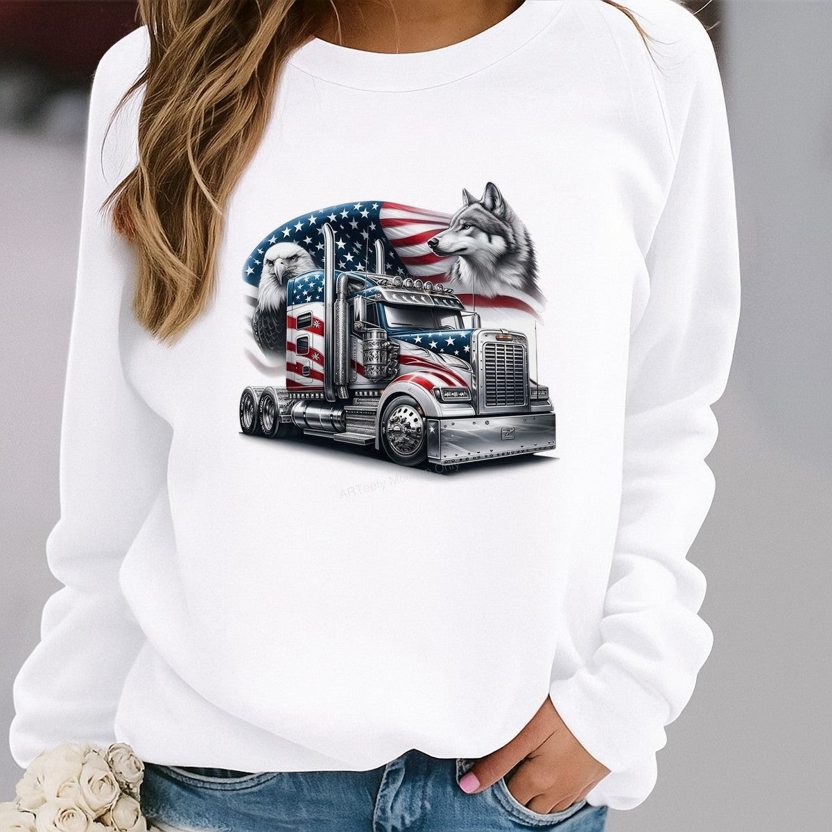 Iron On Transfer Patriotic Truck with Eagle and Wolf Design for T Shirts and Hoodies - 2