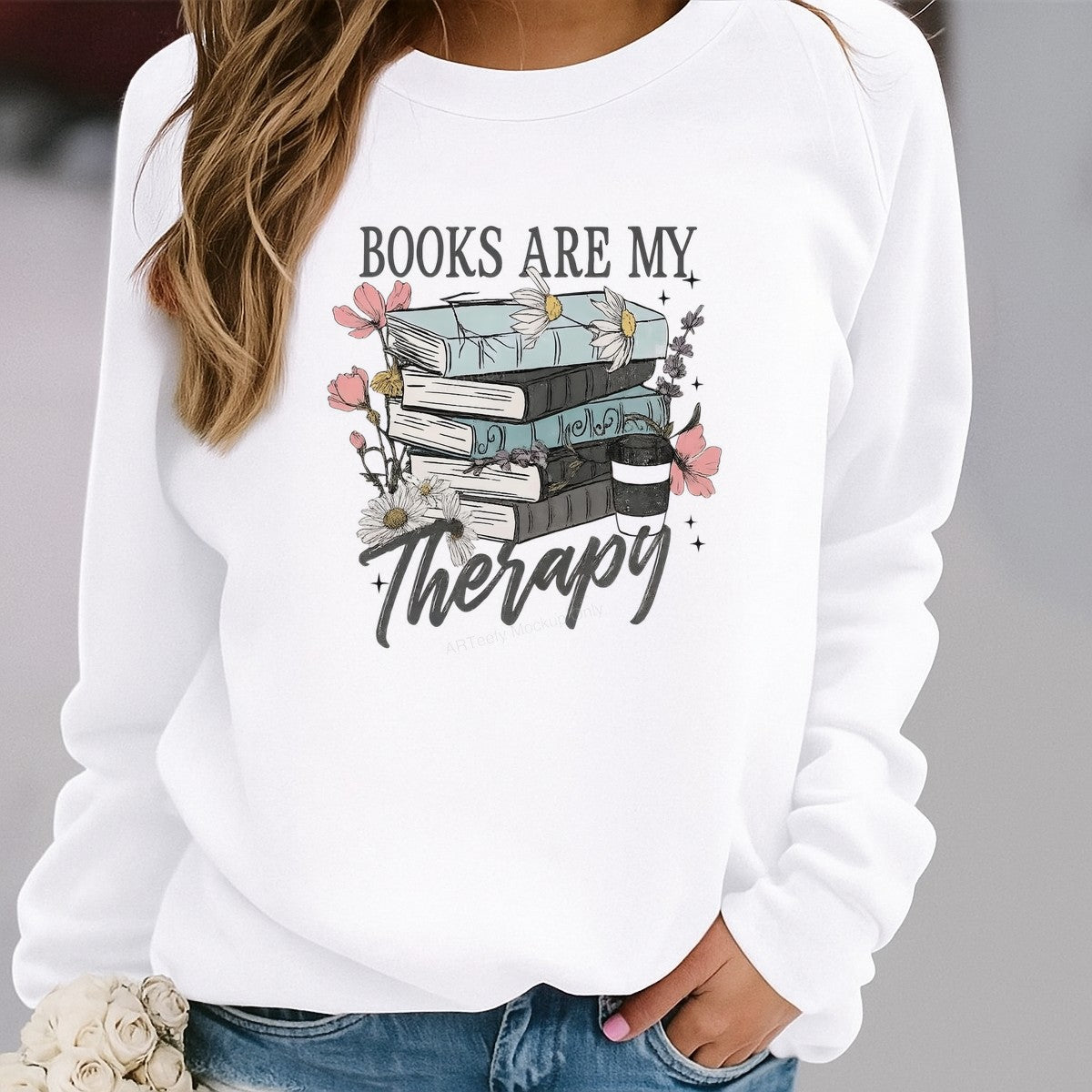 Iron On Transfer Books Are My Therapy Floral Stack Design for T Shirts and Tote Bags - 2
