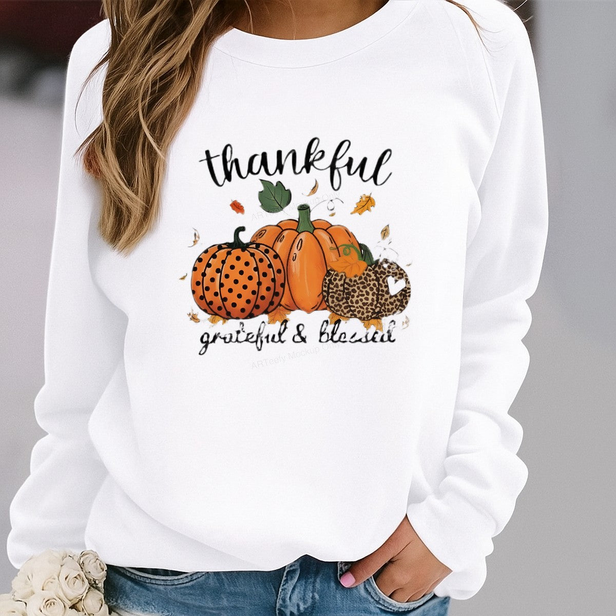 Iron On Transfer Thankful Pumpkin Leopard Print Design for Holiday Shirts and Tote Bags - 2