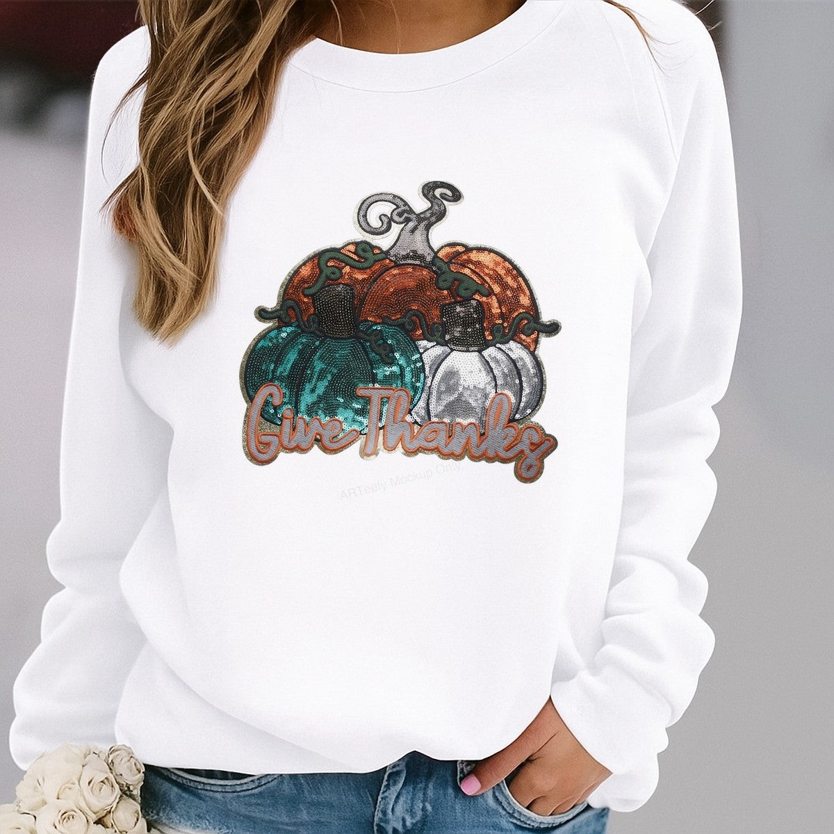DTF Heat Transfer Iron On Sticker Iron On Heat Transfers Sequin Pumpkin Design Give Thanks Fall Thanksgiving Decorations Clearance - 2