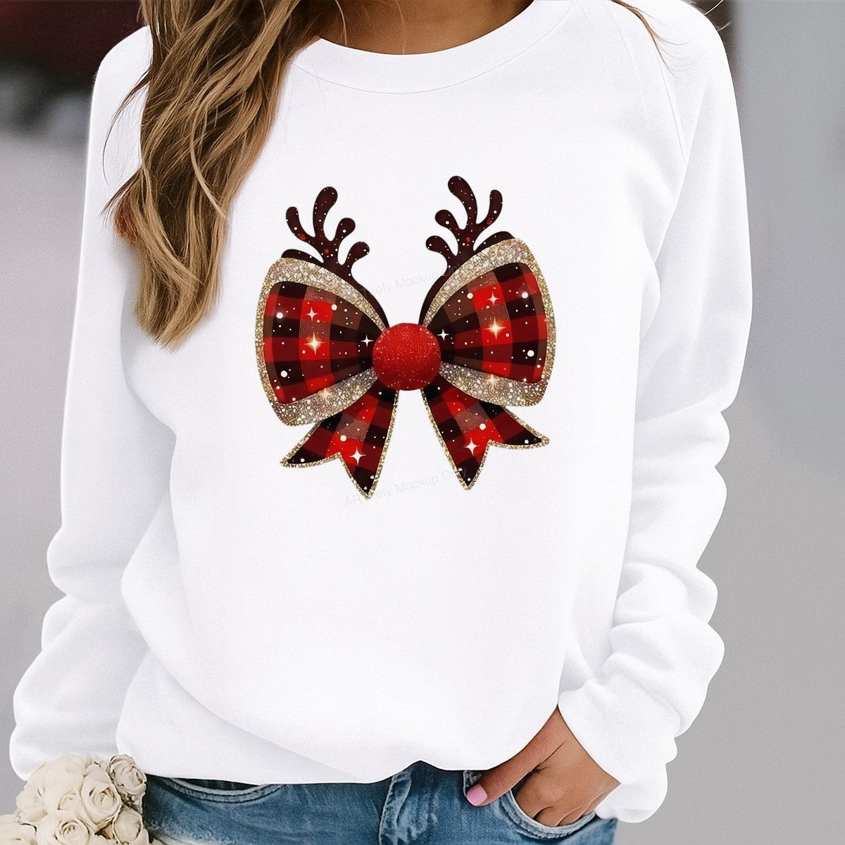 Iron On Transfer Buffalo Plaid Reindeer Bow Design for Holiday Apparel and Gifts - 2