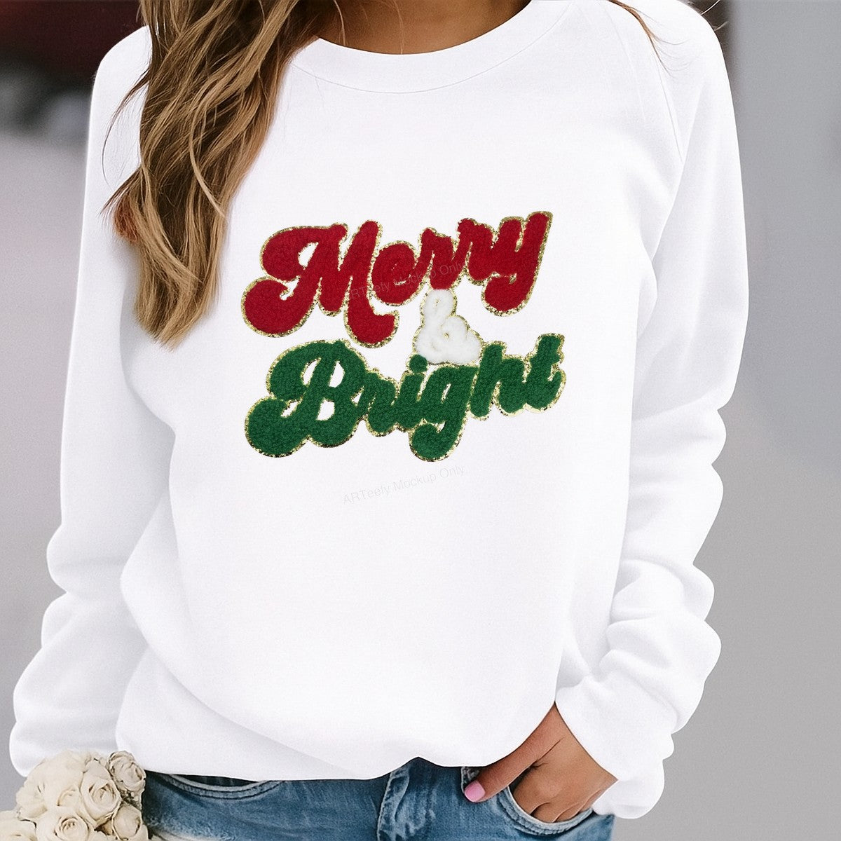 Iron On Transfer Merry & Bright Holiday Chenille Patch for T Shirts and Tote Bags - 2