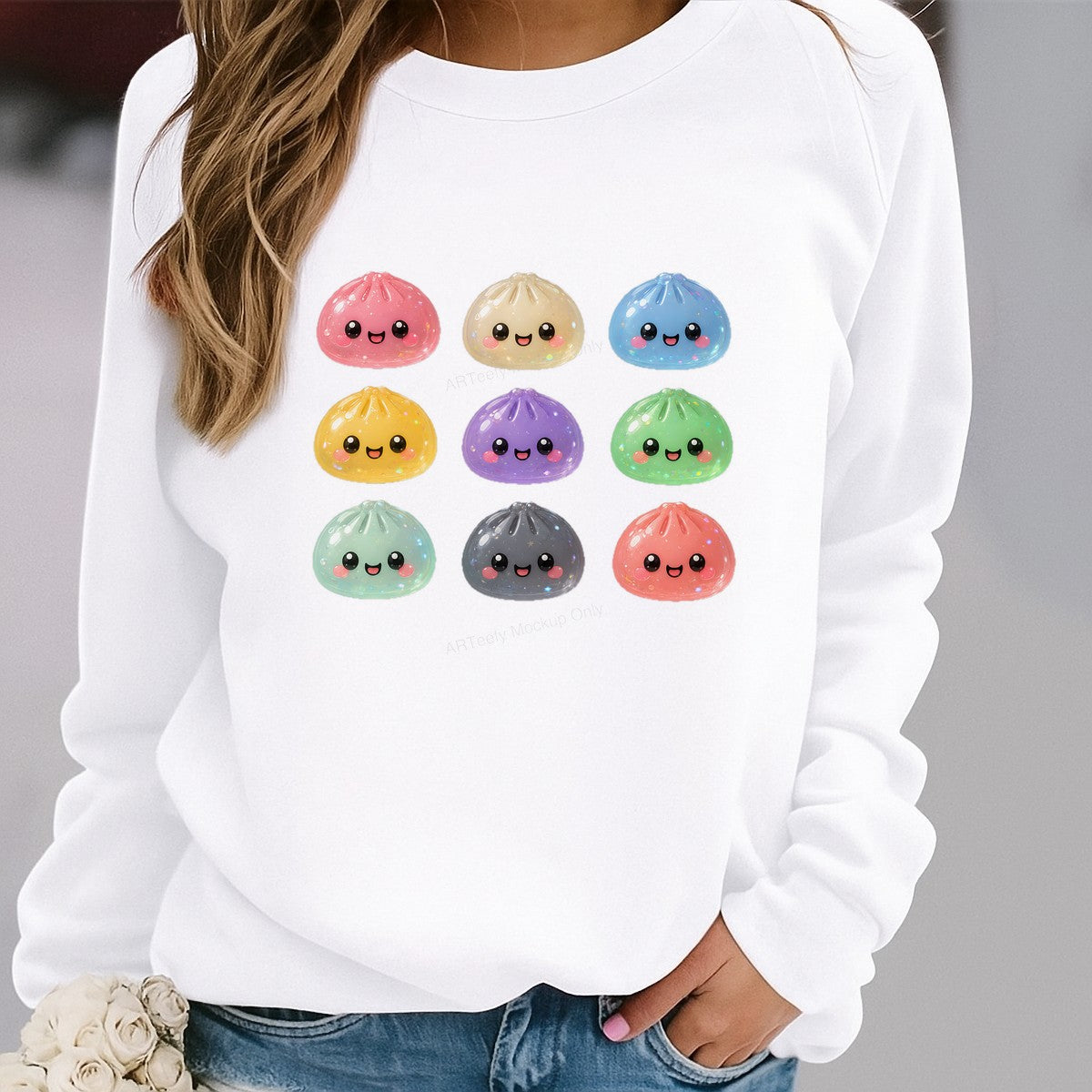 DTF Heat Transfer Kawaii Dumpling Faces Pastel Glitter Graphic for T Shirts Hoodies and Tote Bags - 2