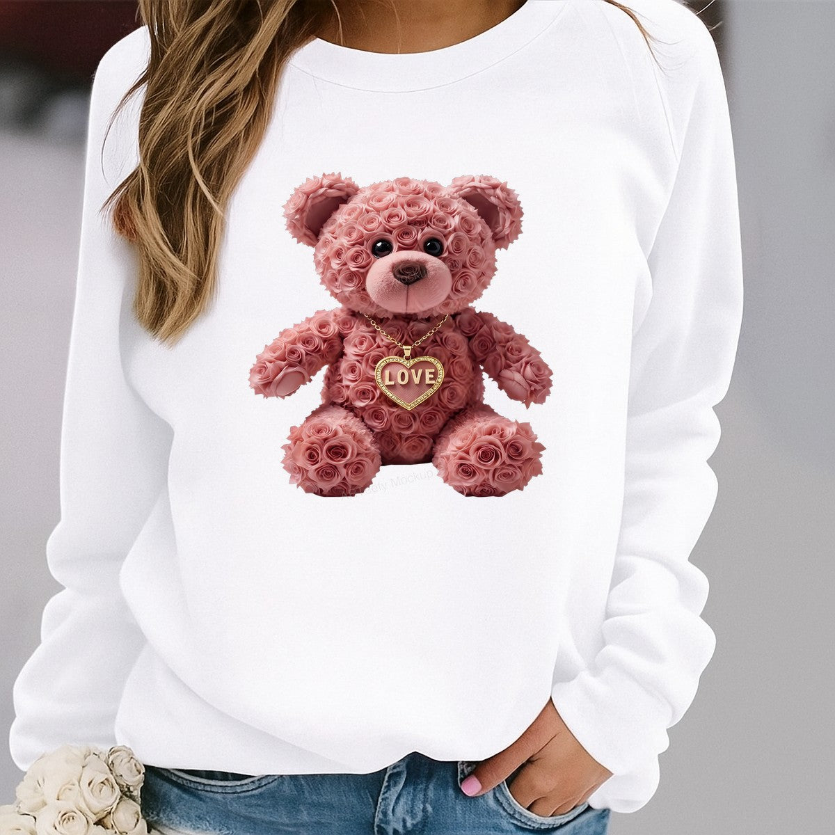 DTF Transfer Rose Teddy Bear with Gold Love Heart Necklace Graphic for Valentine Shirts and Romantic Gifts - 2