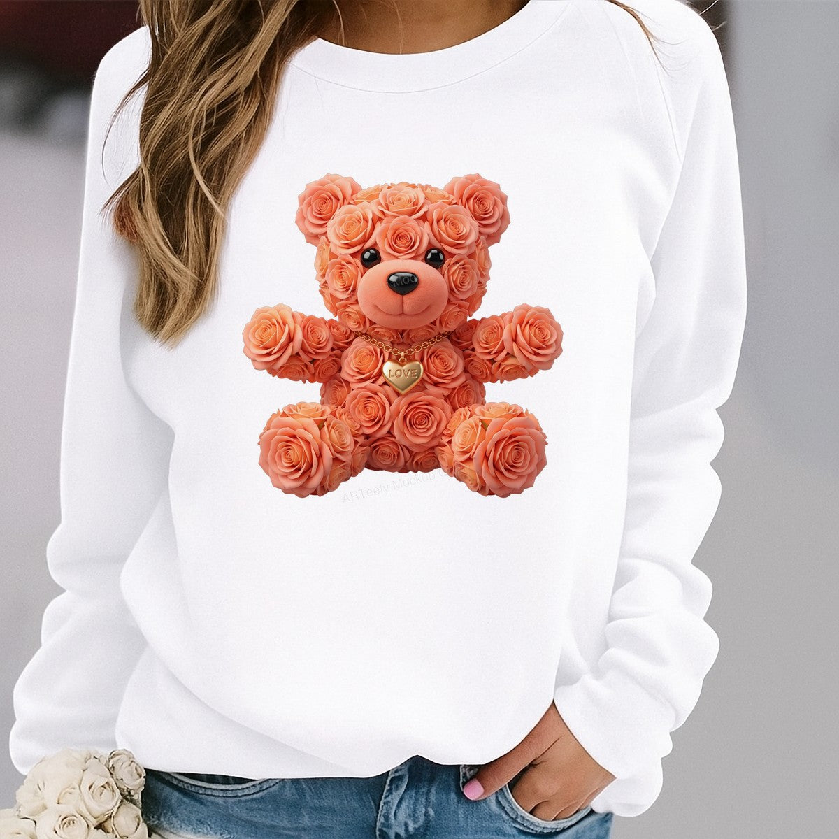 DTF Transfer Rose Teddy Bear with Love Heart Necklace Romantic Graphic for Valentine Shirts and Gifts - 2