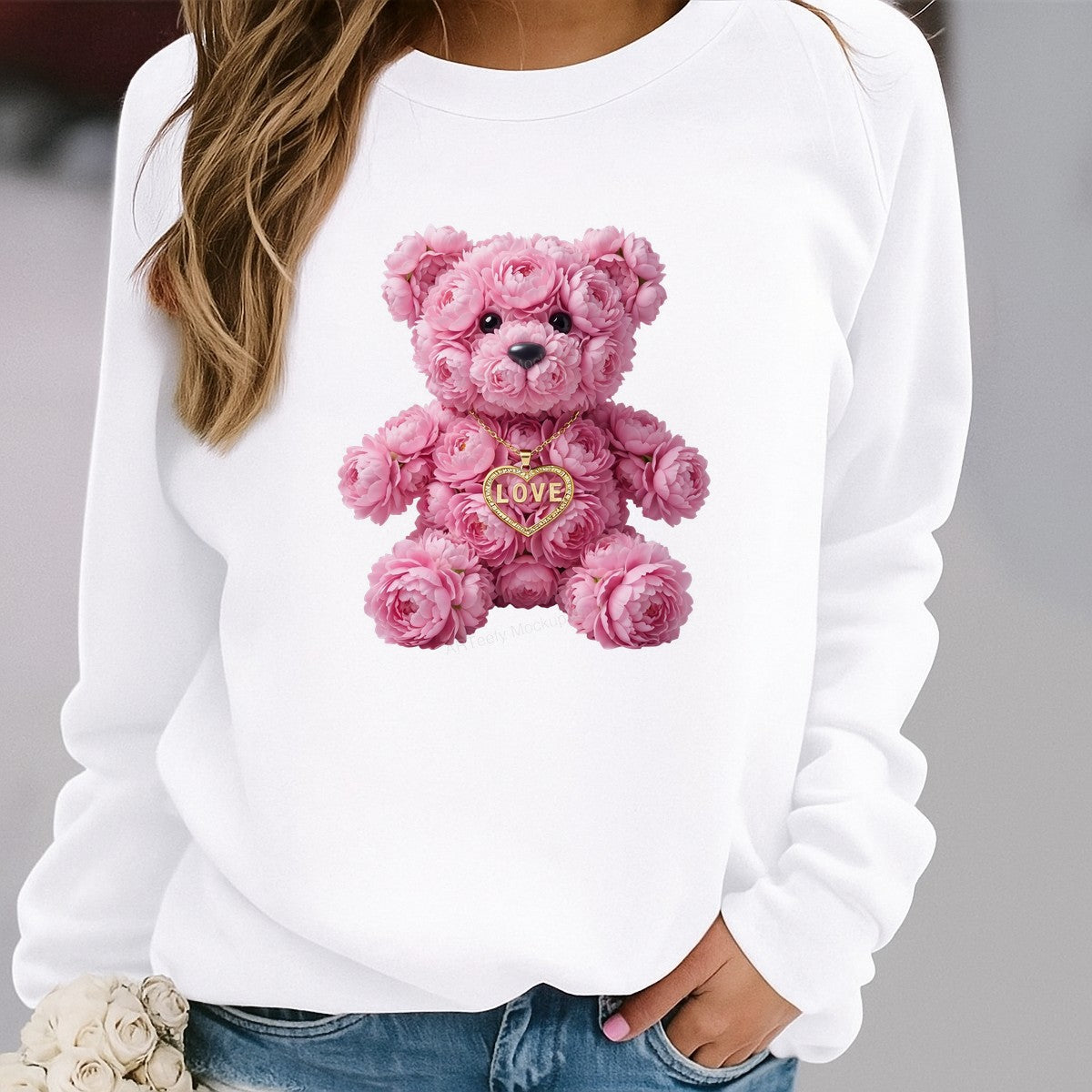 DTF Transfer Pink Flower Teddy Bear with Gold LOVE Heart Necklace Graphic for T Shirts Hoodies and Valentine Gifts - 2
