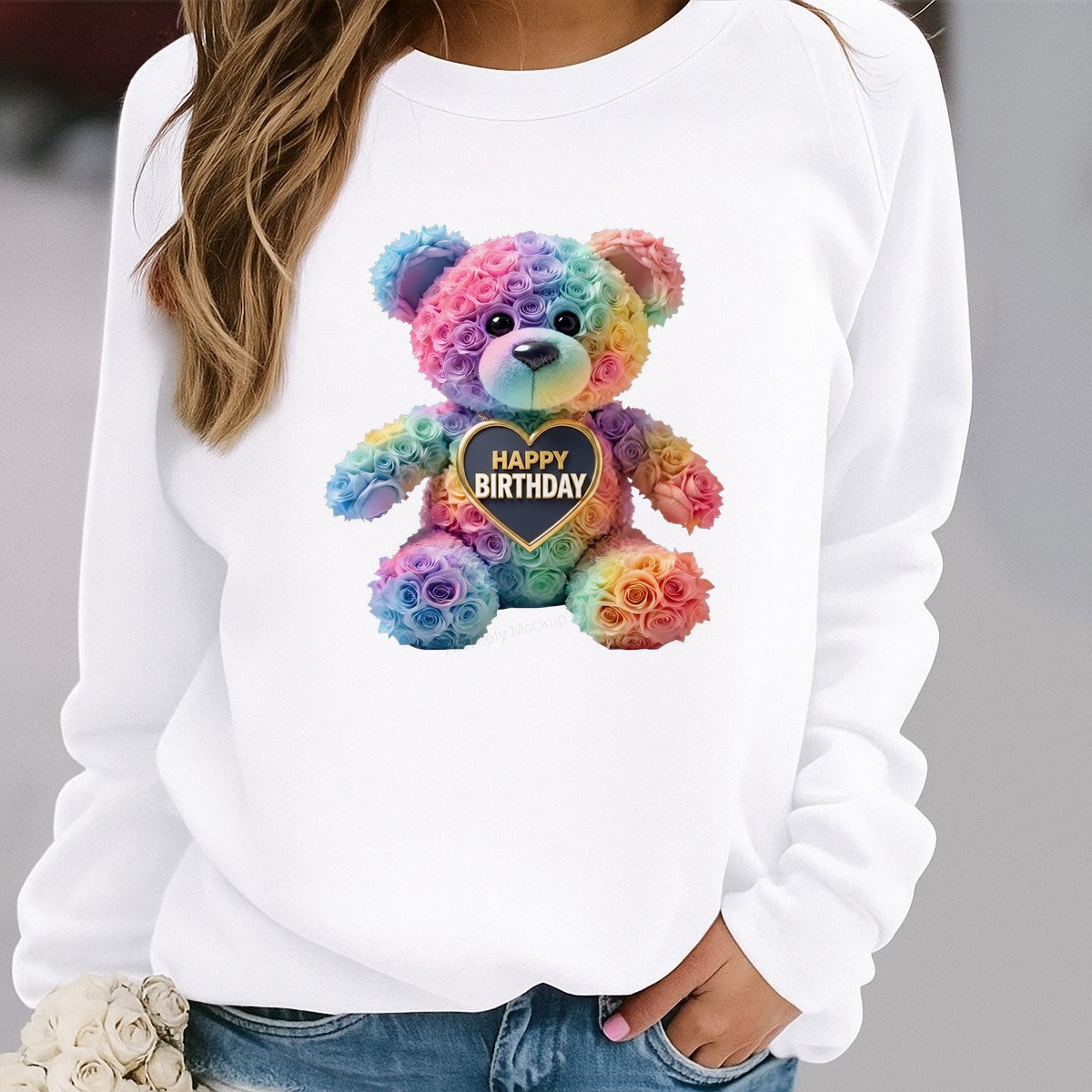 DTF Transfer Happy Birthday Rainbow Rose Teddy Bear Graphic for T Shirts Hoodies and Gifts - 2