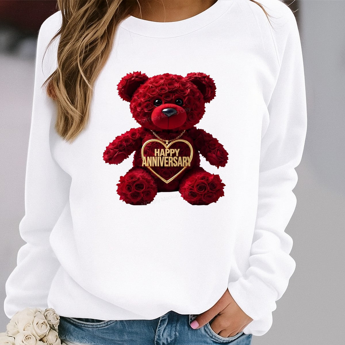 DTF Transfer Happy Anniversary Rose Teddy Bear Heart Necklace Graphic for T Shirts Hoodies and Gifts - 2