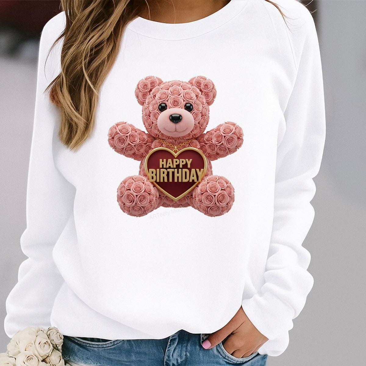 DTF Transfer Happy Birthday Rose Teddy Bear Heart Graphic for T Shirts Hoodies and Gifts - 2