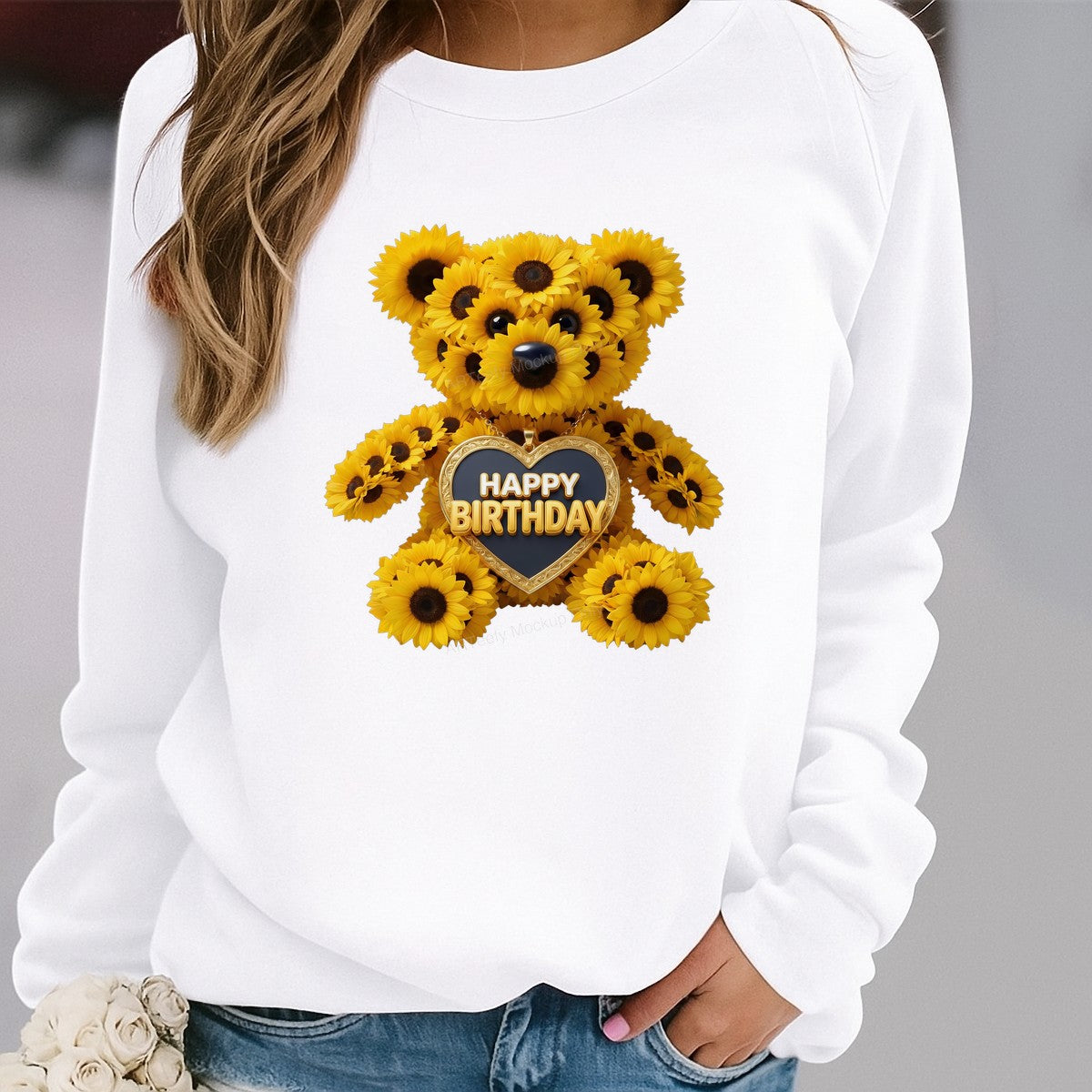 DTF Transfer Happy Birthday Sunflower Teddy Bear Heart Pendant Graphic for T Shirts Hoodies and Gifts - 2