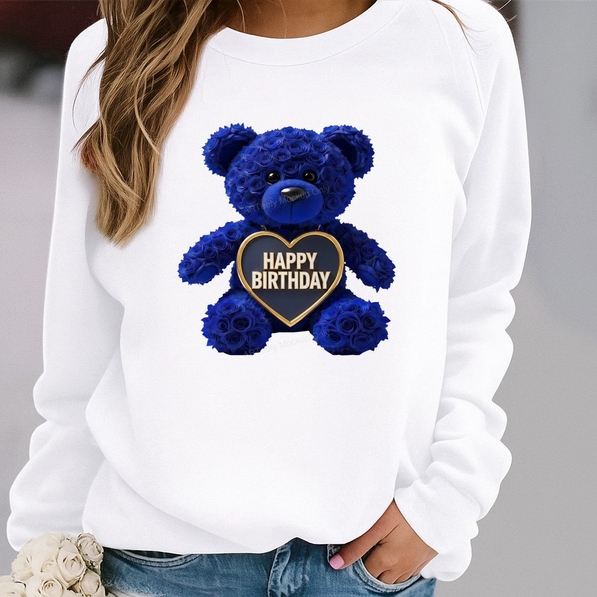 DTF Transfer Happy Birthday Blue Rose Teddy Bear Heart Graphic for T Shirts Hoodies and Gifts - 2