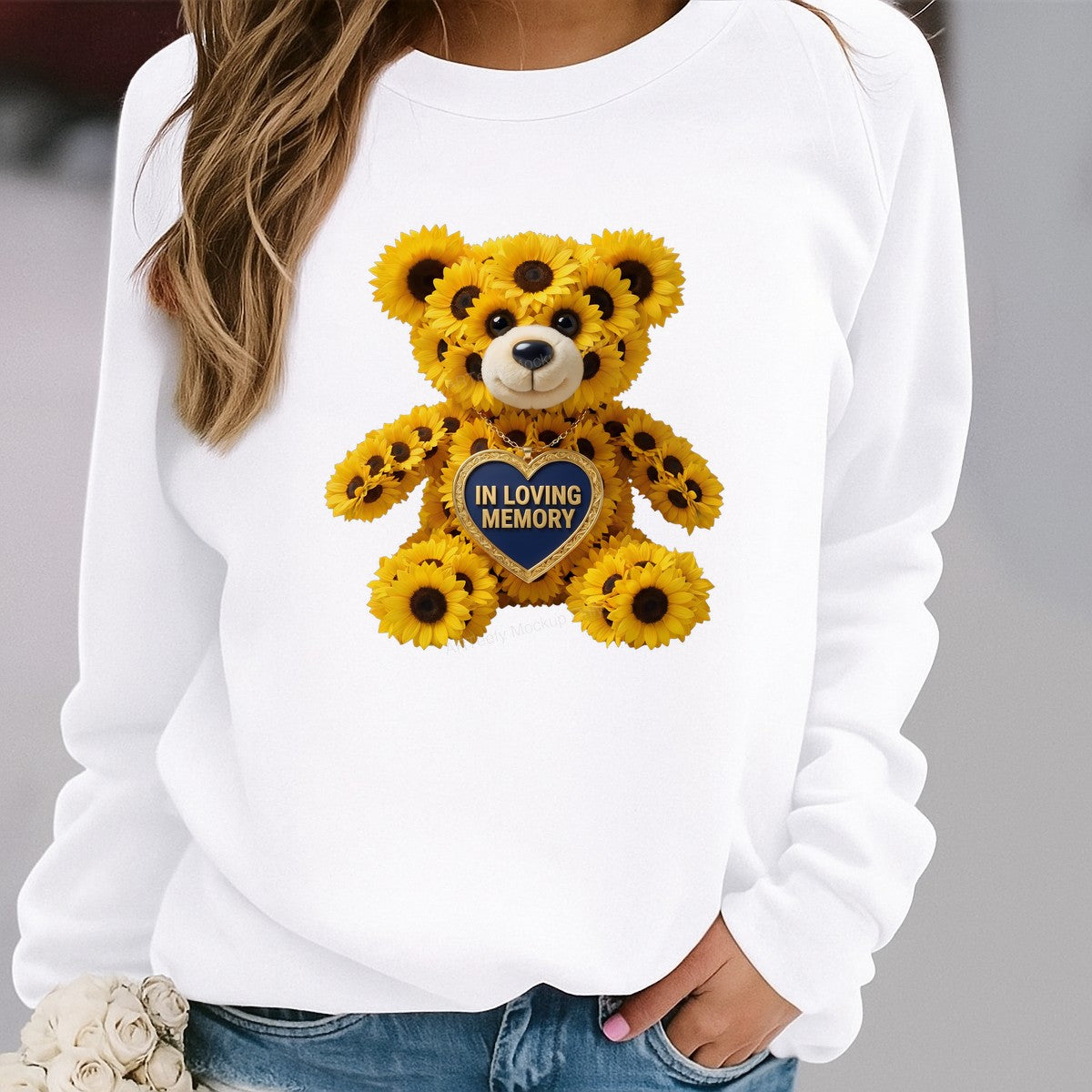 DTF Transfer In Loving Memory Sunflower Teddy Bear Heart Pendant Graphic for T Shirts Hoodies and Memorial Apparel - 2
