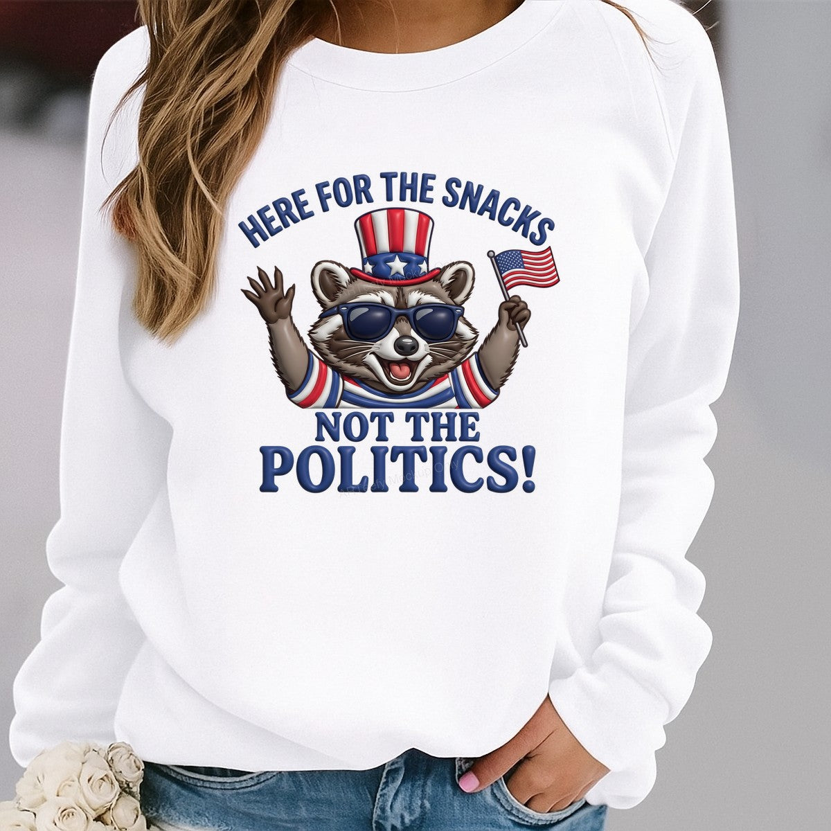Funny Graphic Transfer Here for the Snacks Not the Politics Patriotic Raccoon Design for T Shirts Hoodies and Holiday Shirts - 2