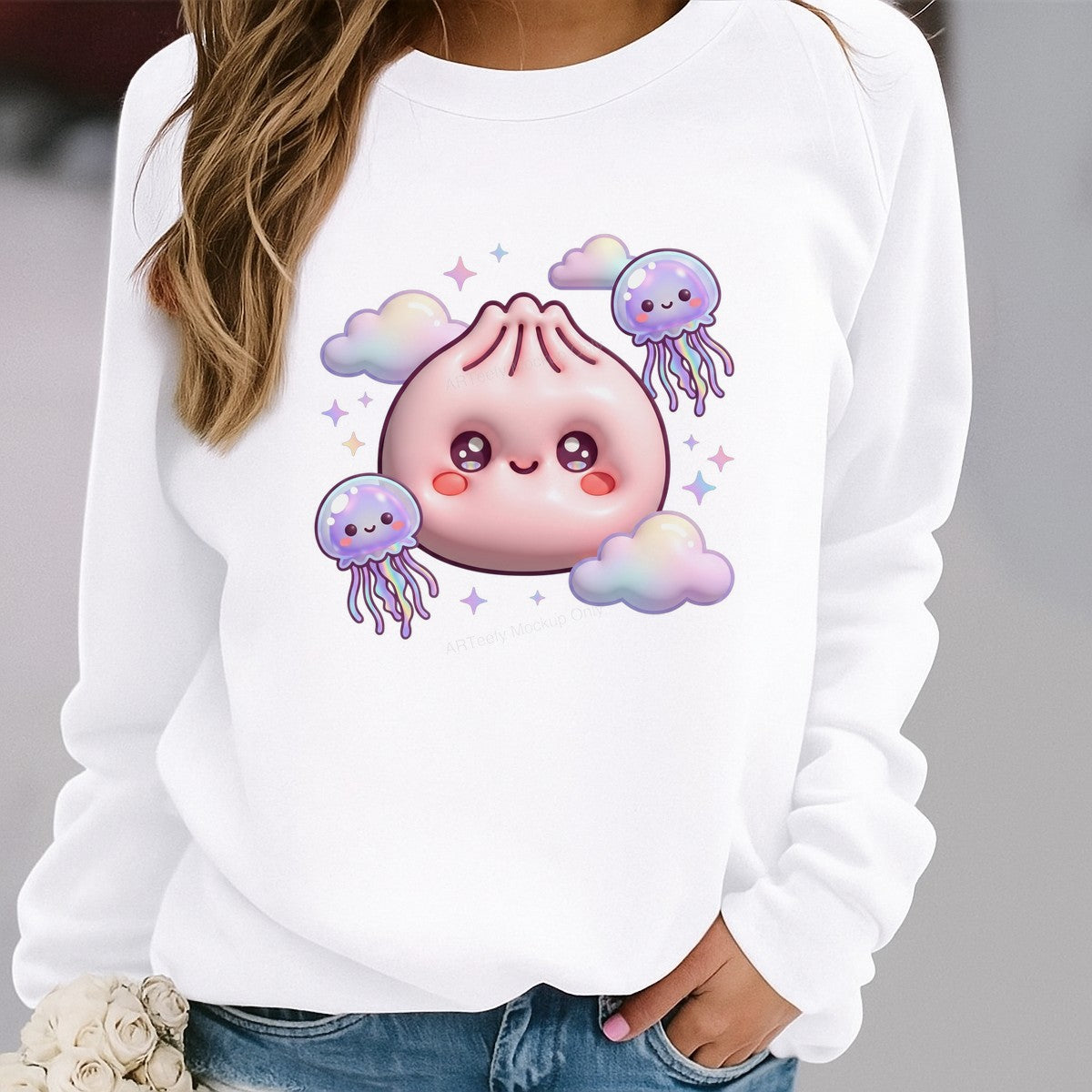 DTF Transfer Cute Kawaii Jellyfish and Clouds Pastel Cartoon Graphic for T Shirts Hoodies and Tote Bags - 2