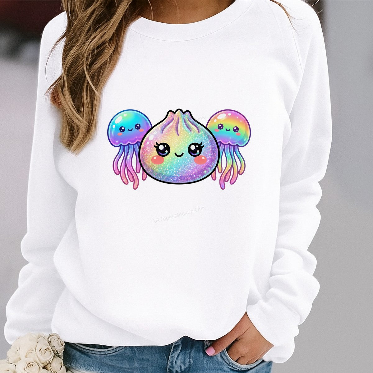 DTF Transfer Kawaii Rainbow Dumpling and Jellyfish Glitter Graphic for T Shirts Hoodies and Tote Bags - 2