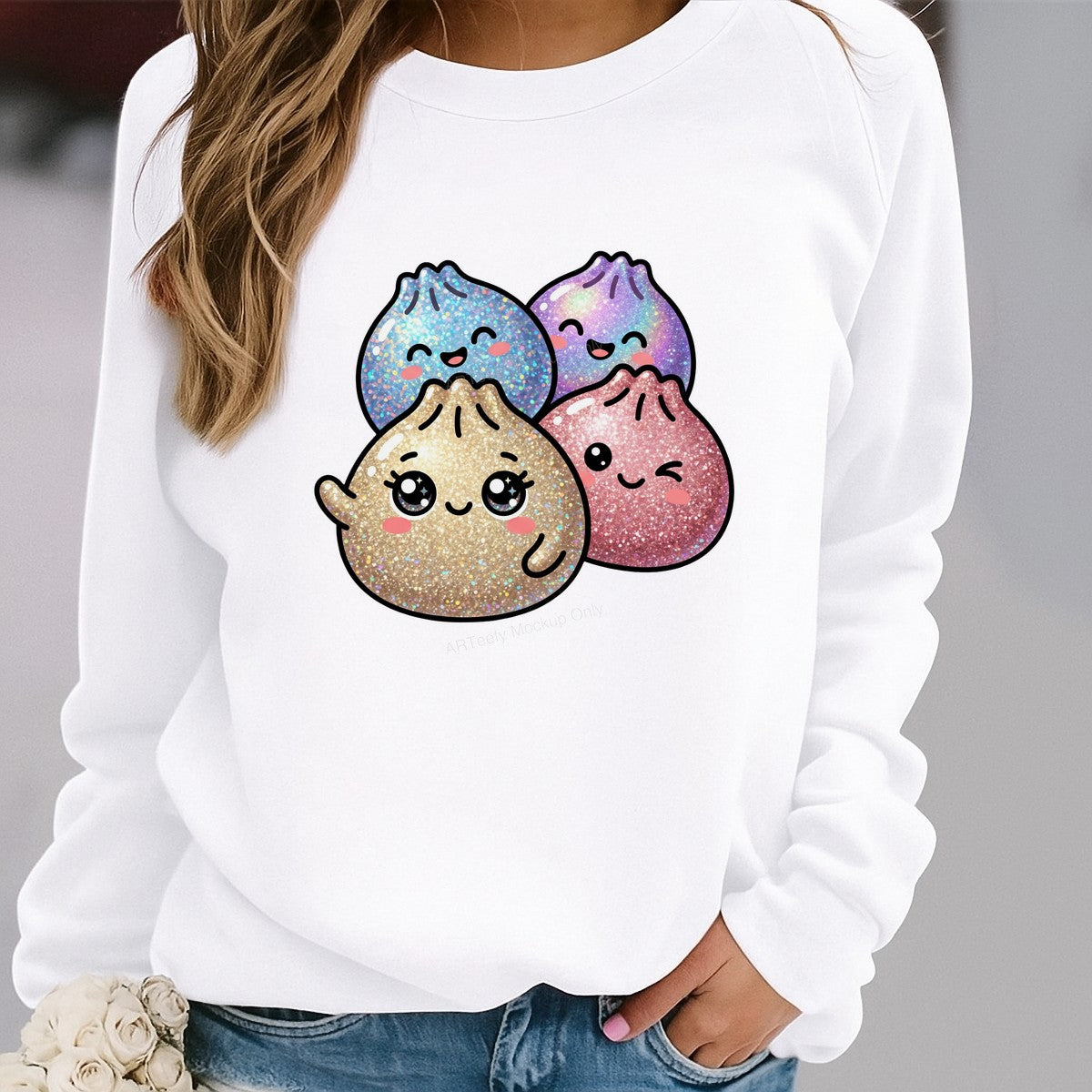 DTF Transfer Cute Glitter Dumpling Friends Kawaii Graphic for T Shirts Hoodies and Tote Bags - 2