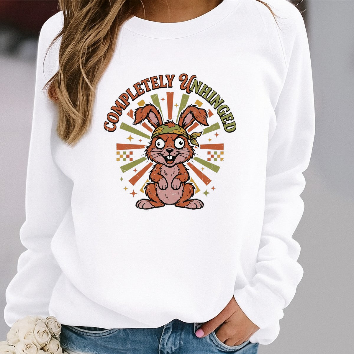 Funny Graphic Transfer Completely Unhinged Crazy Bunny Retro Burst Design for T Shirts Hoodies and Casual Wear - 2