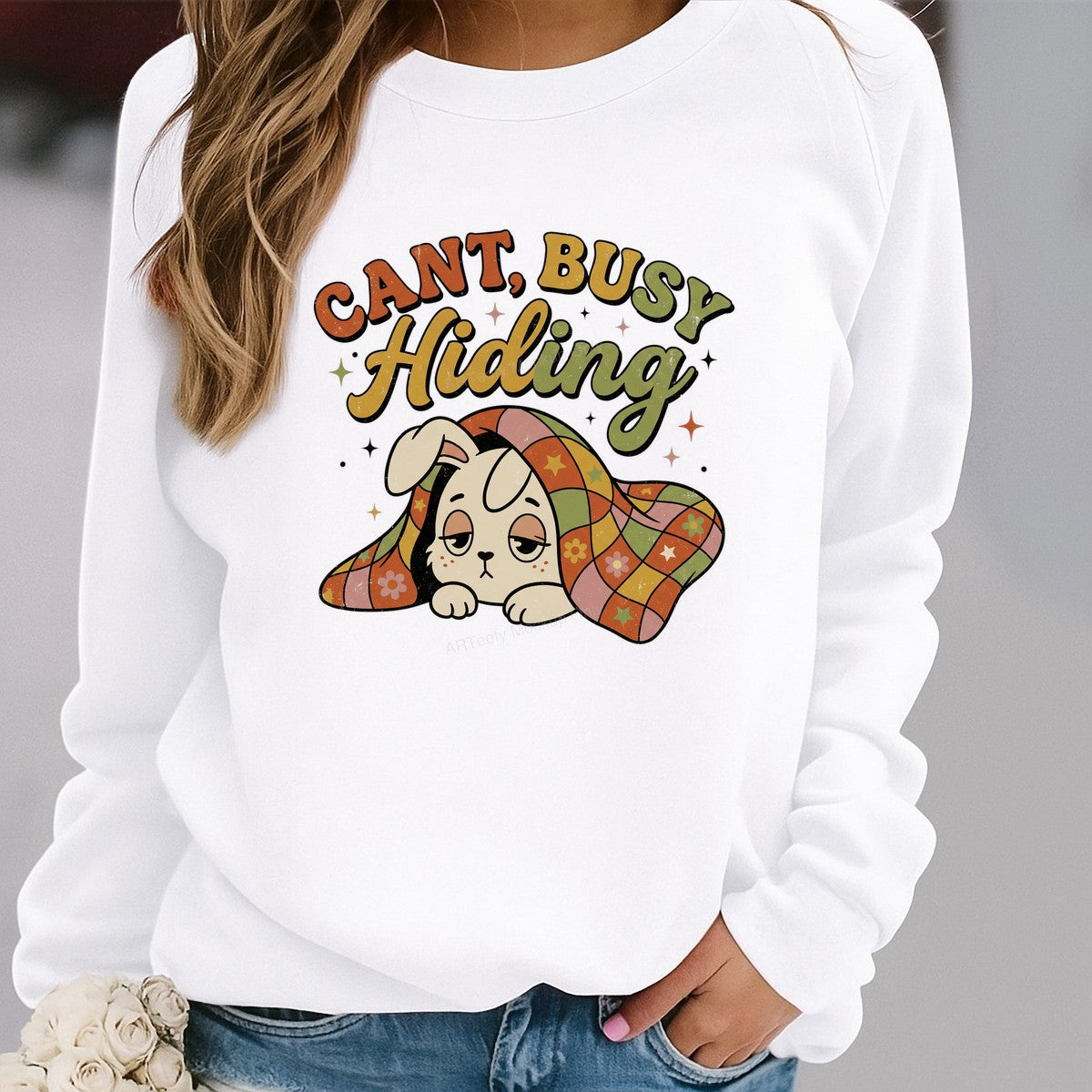 Funny Graphic Transfer Cant Busy Hiding Bunny Under Quilt Retro Pastel Design for T Shirts Hoodies and Lounge Wear - 2