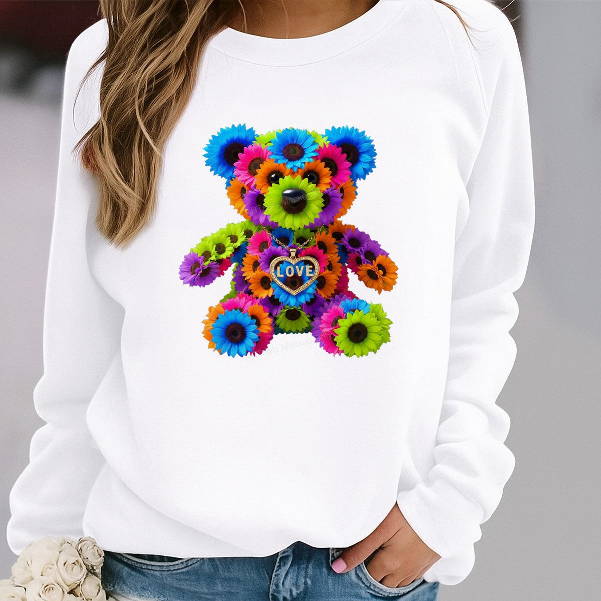 DTF Transfer Floral Teddy Bear LOVE Heart Necklace Graphic for T Shirts Hoodies and Gifts - 2