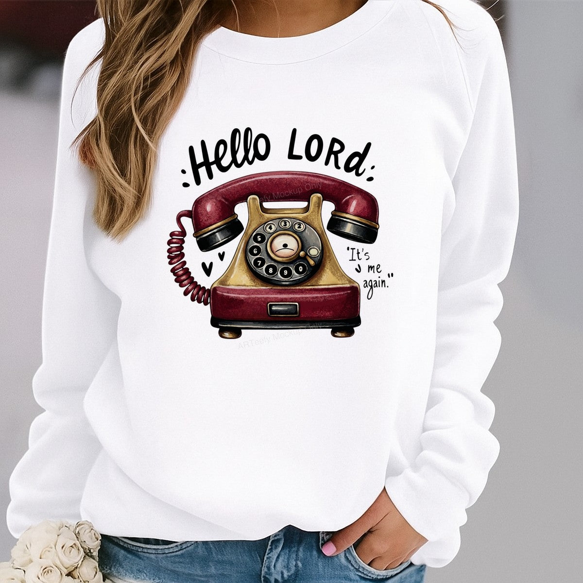 Christian Heat Transfer Hello Lord It’s Me Again Retro Rotary Phone Graphic for T Shirts Hoodies and Tote Bags - 2