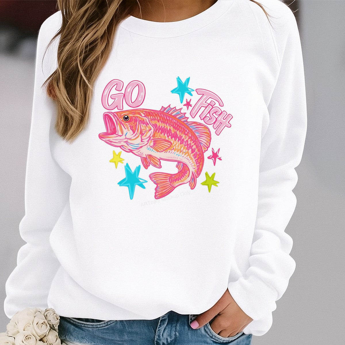 DTF Transfer Go Fish Pink Bass with Colorful Stars Graphic for T Shirts Hoodies and Fishing Apparel - 2