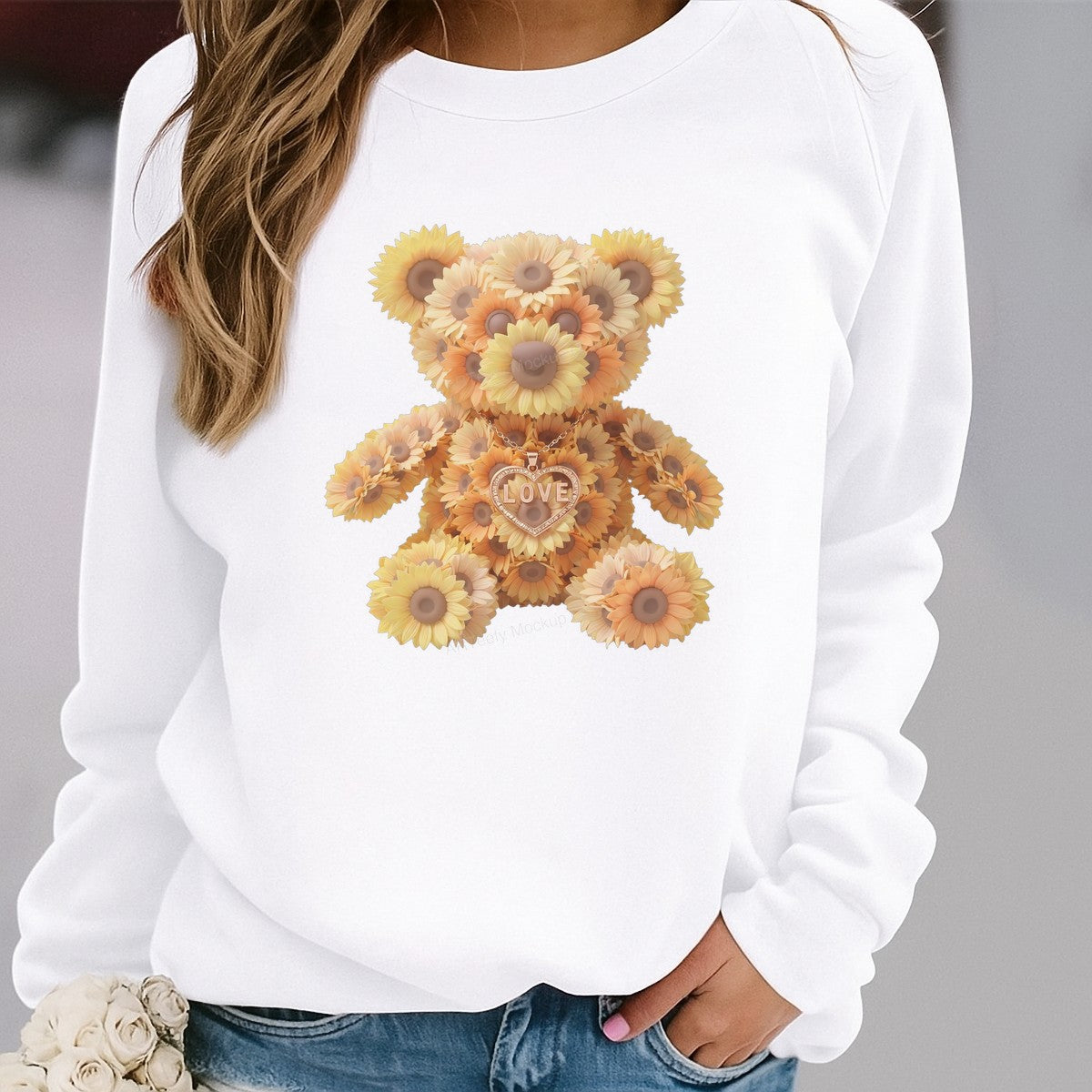 DTF Transfer Sunflower Teddy Bear Love Heart Pendant Graphic for T Shirts Hoodies and Gifts - 2