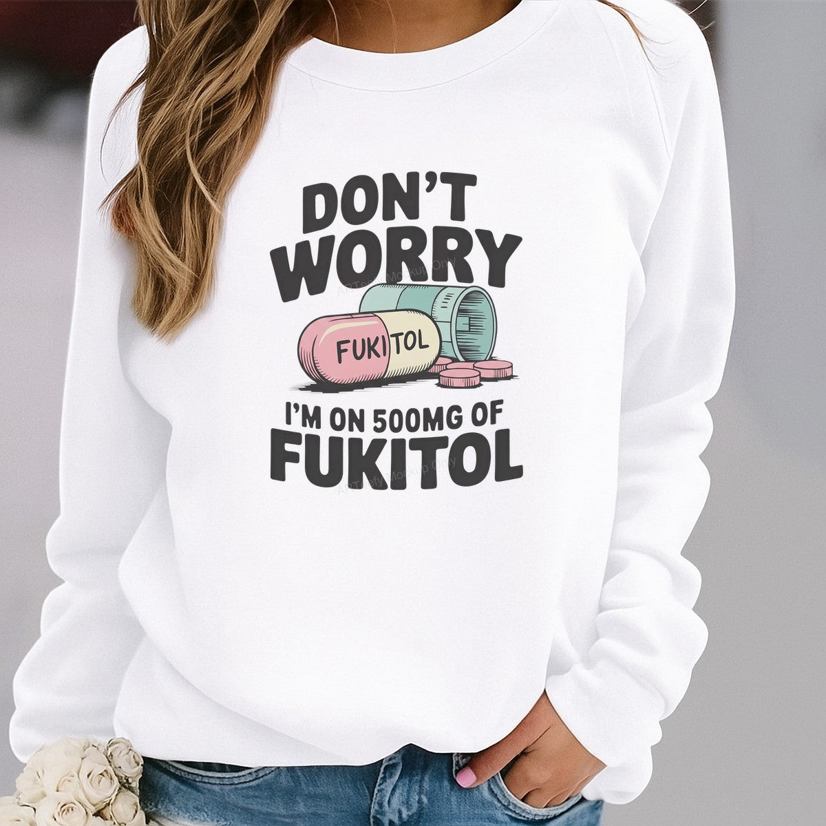 Funny Graphic Transfer Don’t Worry Pill Joke Cartoon Capsule Design for T Shirts Hoodies and Casual Wear - 2