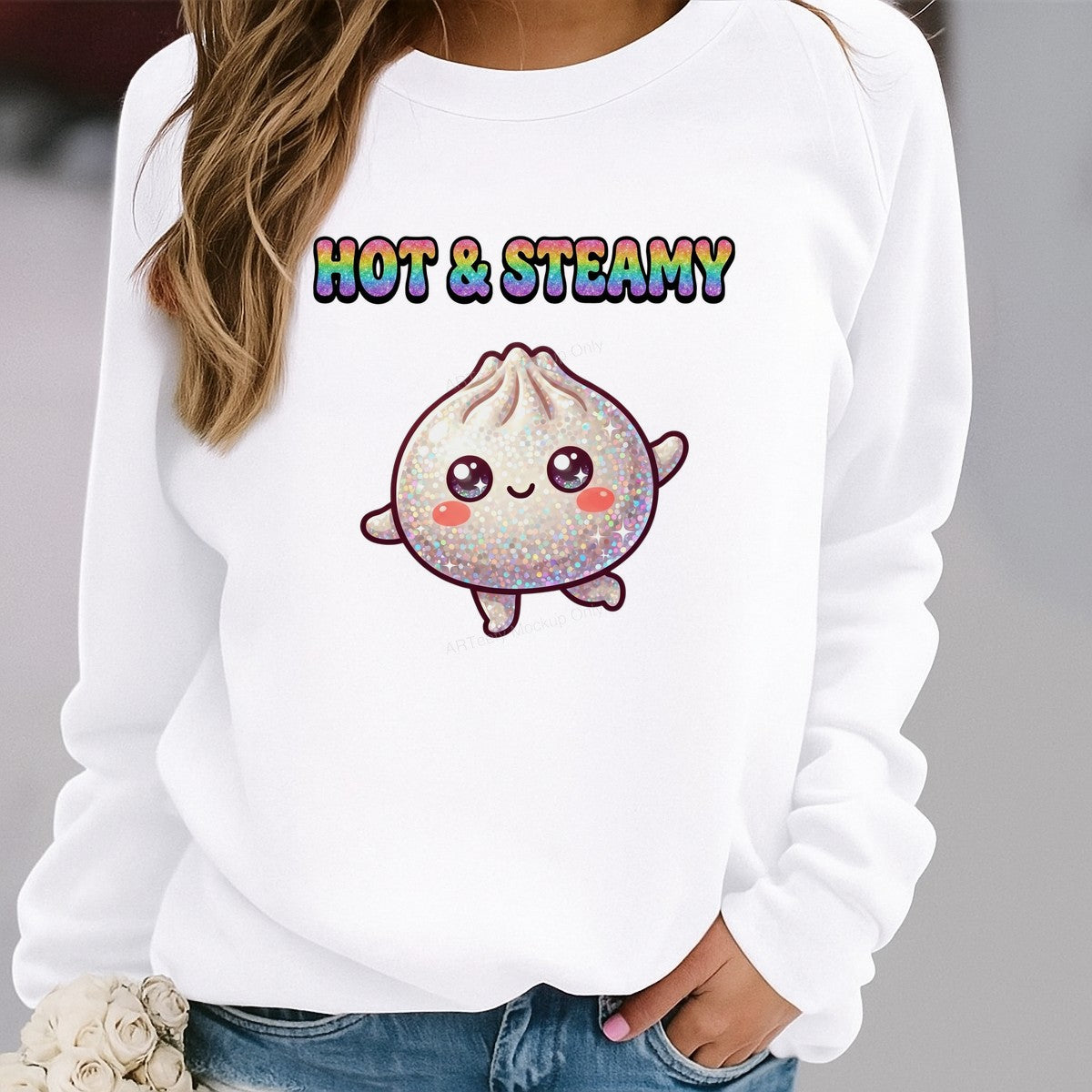 DTF Heat Transfer Hot & Steamy Glitter Dumpling Kawaii Graphic for T Shirts Hoodies and Tote Bags - 2