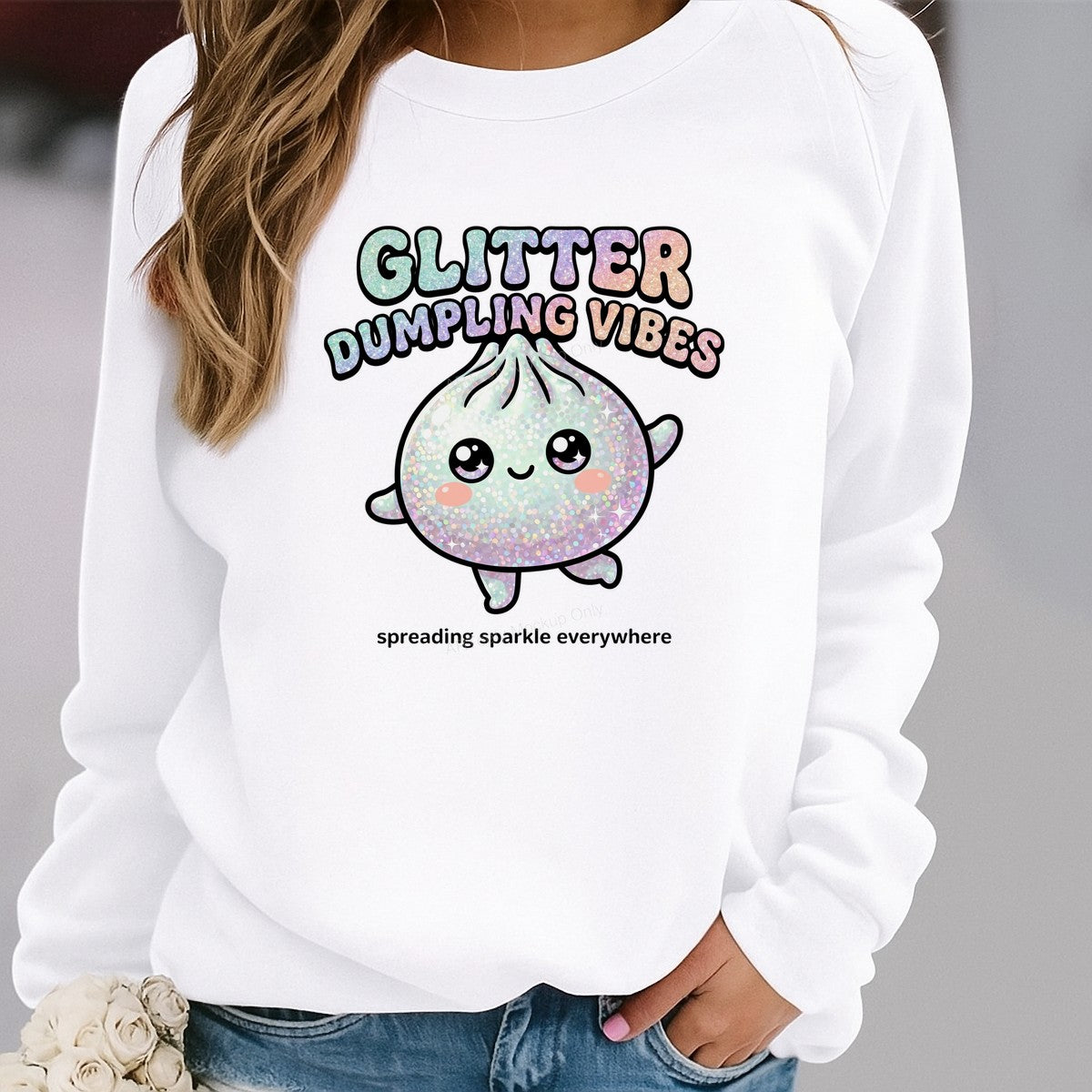 DTF Heat Transfer Glitter Dumpling Vibes Sparkle Cartoon Graphic for T Shirts Hoodies and Tote Bags - 2