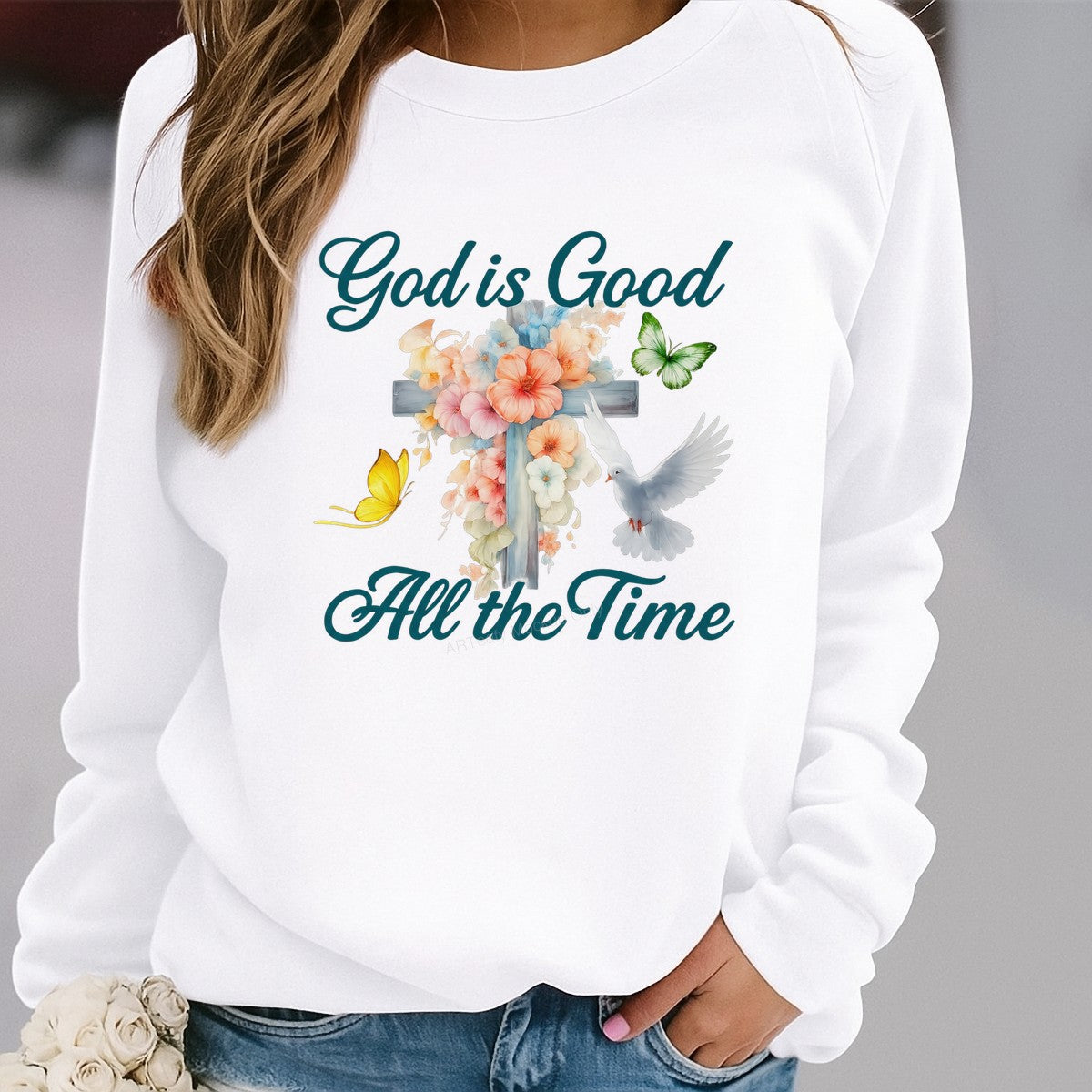 Christian Heat Transfer God Is Good All the Time Floral Cross Dove Graphic for T Shirts Hoodies and Tote Bags - 2
