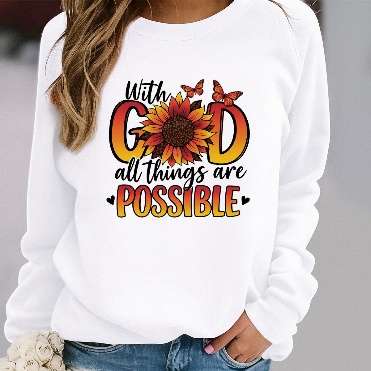 Christian Heat Transfer With God All Things Are Possible Sunflower and Butterfly Graphic for T Shirts Hoodies and Tote Bags - 2