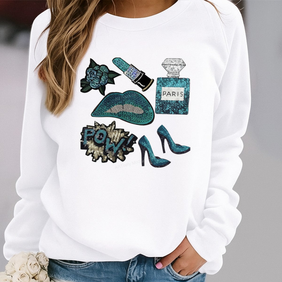 Heat Transfer Patch Teal Sequin Lips Perfume Heels Comic Pow Graphic for T Shirts Hoodies and Tote Bags - 2