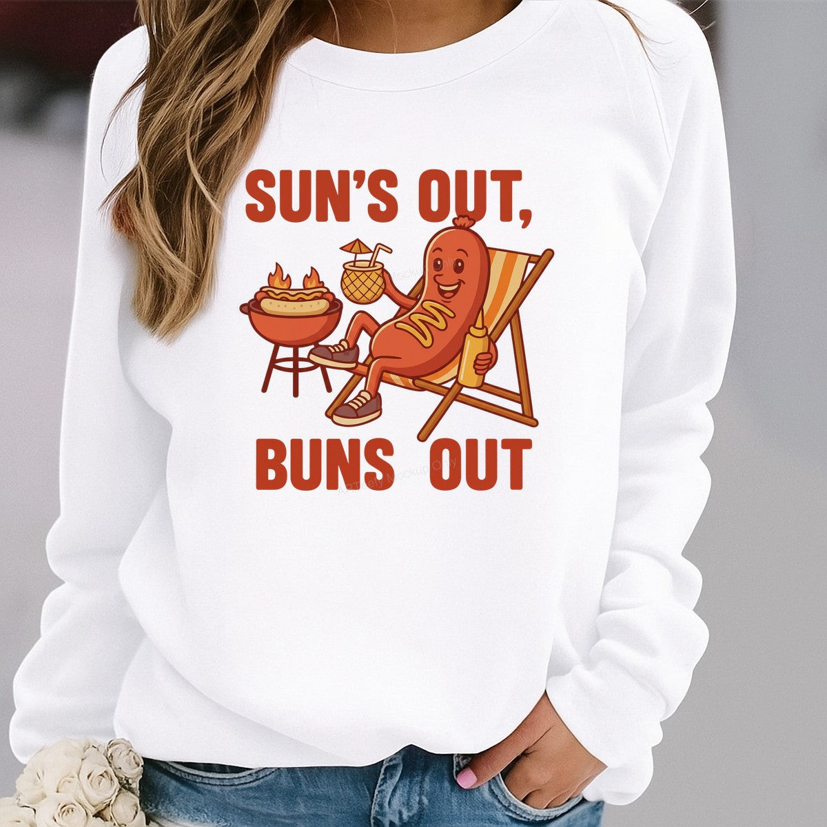 Funny Graphic Transfer Sun’s Out Buns Out Hot Dog BBQ Cartoon Design for Summer T Shirts and Hoodies - 2