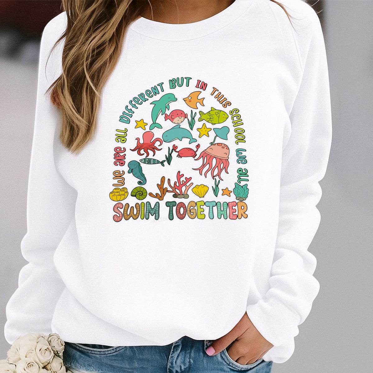 DTF Transfer We Are All Different But In This School We All Swim Together Cute Sea Animals Graphic for T Shirts Hoodies and Teacher Apparel - 2