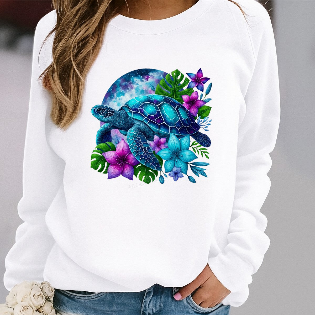 DTF Heat Transfer Galaxy Sea Turtle with Tropical Flowers Neon Art Graphic for T Shirts Hoodies and Tote Bags - 2