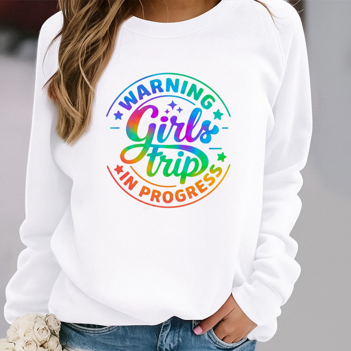 DTF Heat Transfer Warning Girls Trip In Progress Rainbow Tie Dye Graphic for T Shirts Hoodies and Vacation Shirts - 2