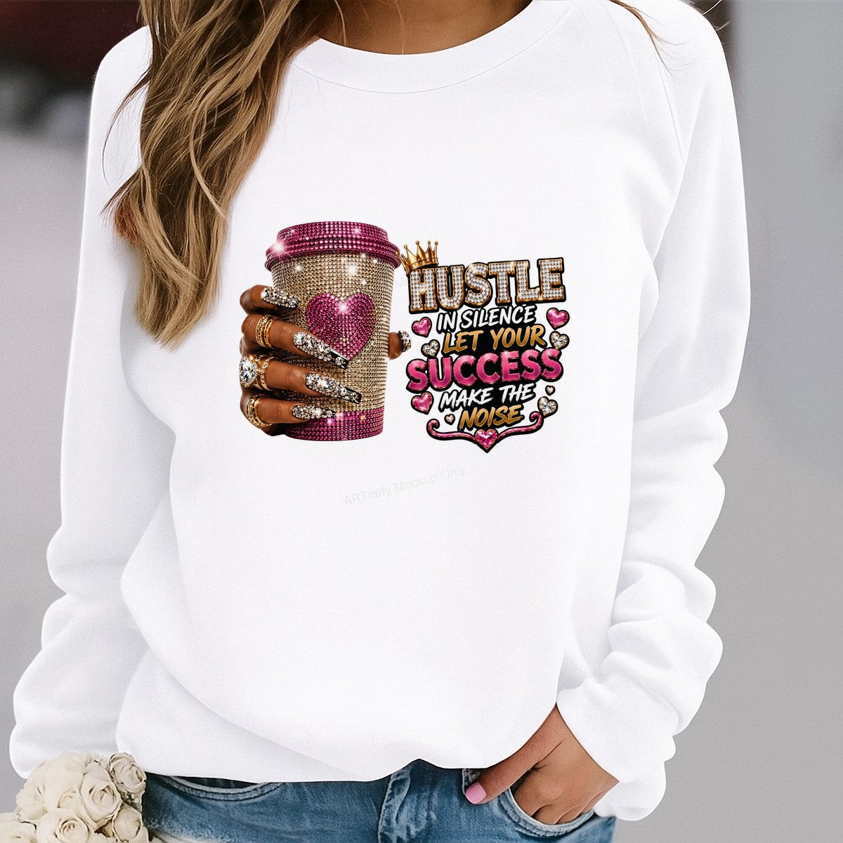 DTF Heat Transfer Hustle in Silence Let Your Success Make the Noise Bling Coffee Cup Graphic for T Shirts Hoodies and Tote Bags - 2