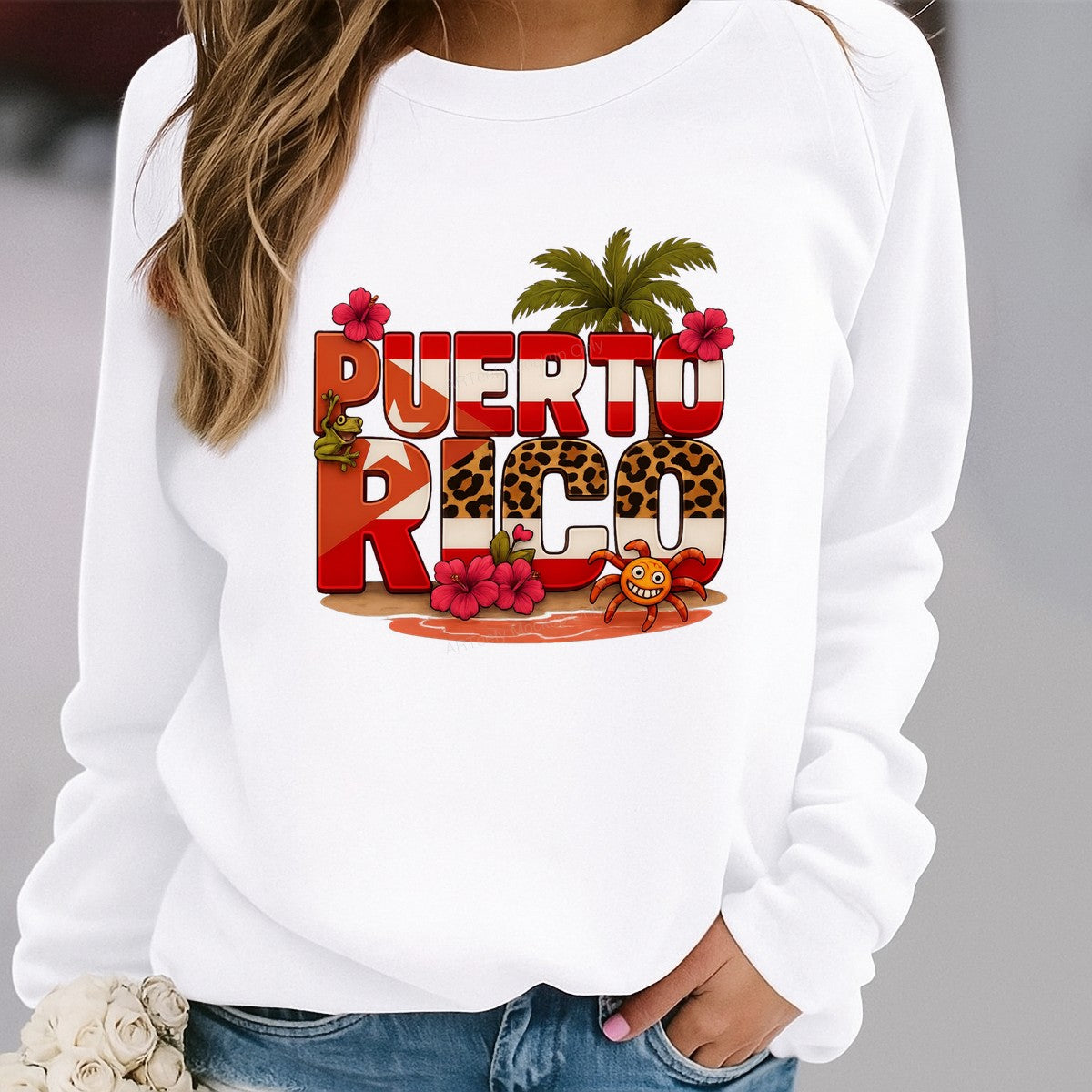 DTF Heat Transfer Puerto Rico Flag Text with Leopard Print Palm Tree and Hibiscus Graphic for T Shirts Hoodies and Travel Apparel - 2