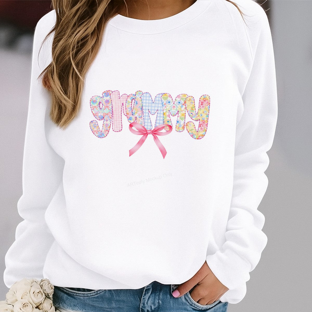 DTF Transfer Grammy Floral Patchwork Lettering with Pink Bow Graphic for T Shirts Hoodies and Gifts - 2