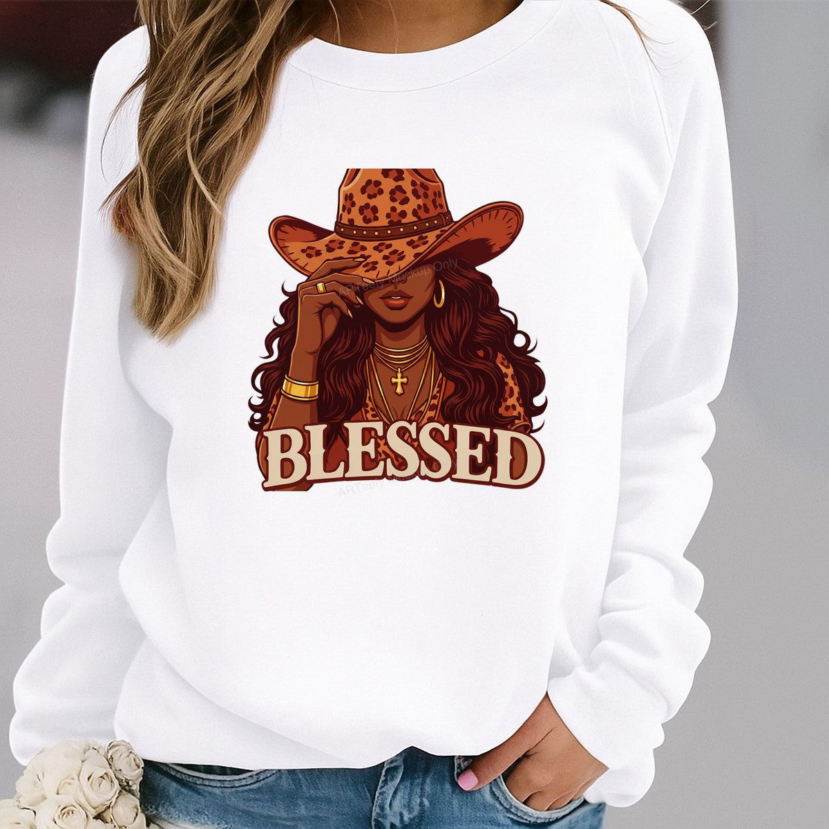 Christian Heat Transfer Blessed Cowgirl with Leopard Hat Western Graphic for T Shirts Hoodies and Tote Bags - 2