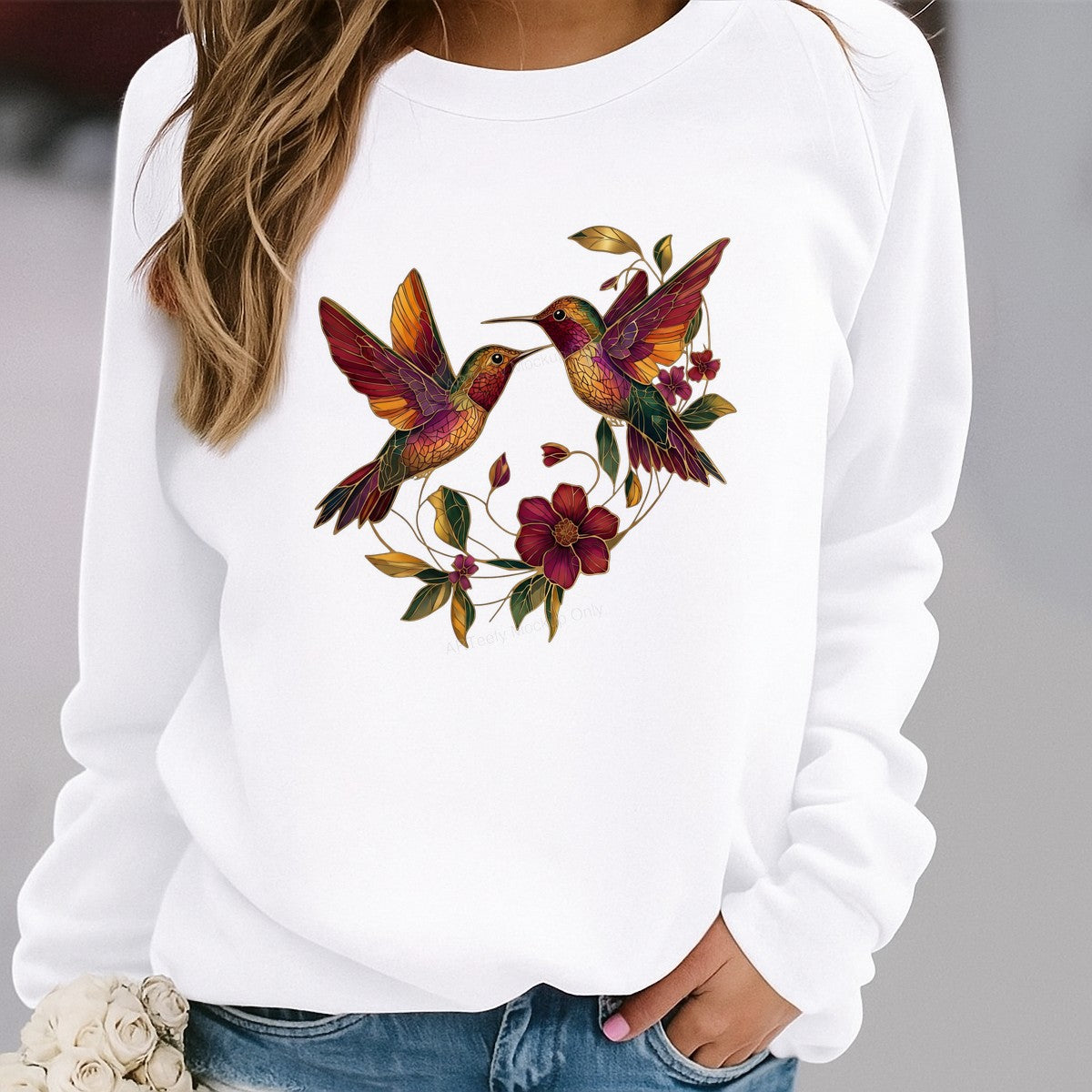 DTF Heat Transfer Two Hummingbirds with Floral Stained Glass Style Graphic for T Shirts Hoodies and Tote Bags - 2