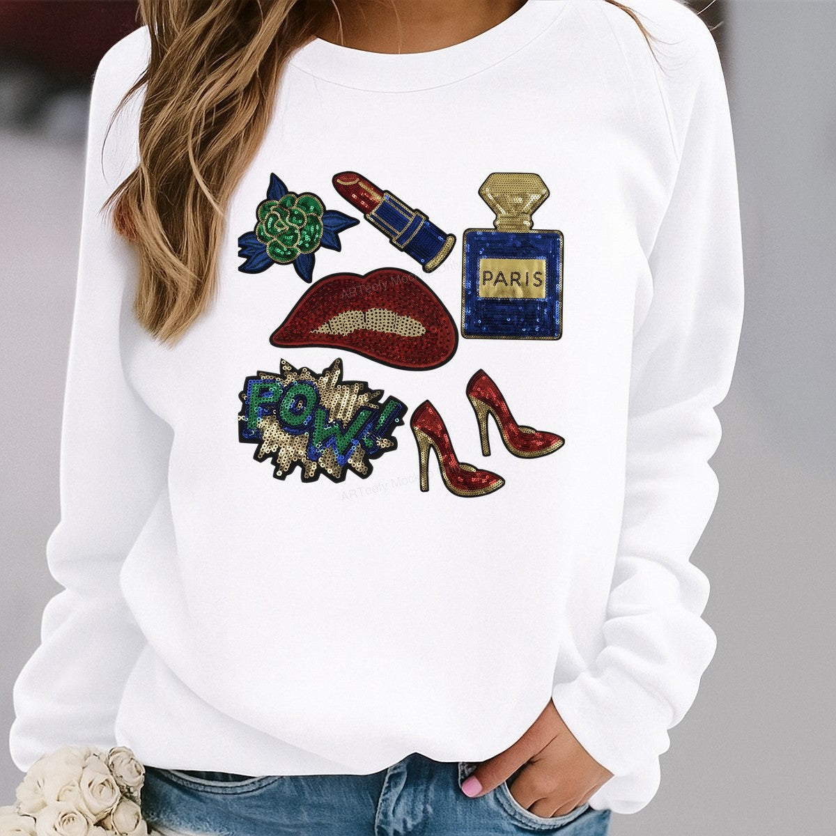Heat Transfer Patch Set Sequin Lips Lipstick Perfume Heels Comic Pow Graphic for T Shirts Jackets and Tote Bags - 2