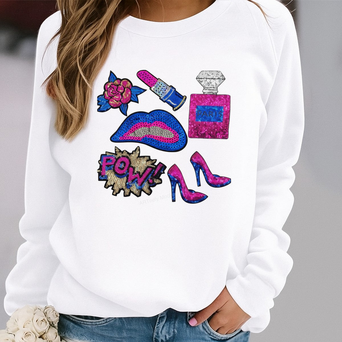 Iron On Transfer Sequin Lips Lipstick Perfume and Heels Pop Art Graphic for T Shirts Hoodies and Tote Bags - 2